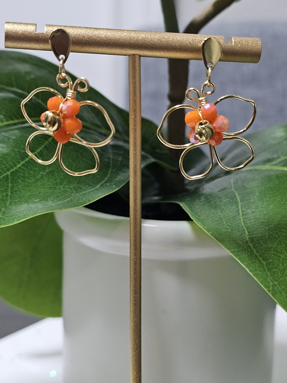 Gold Wire Butterfly Earrings with Orange Bead - Women Jewelry